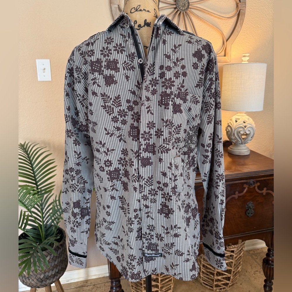 English Laundry Black and Gray Striped Floral Button Down Shirt